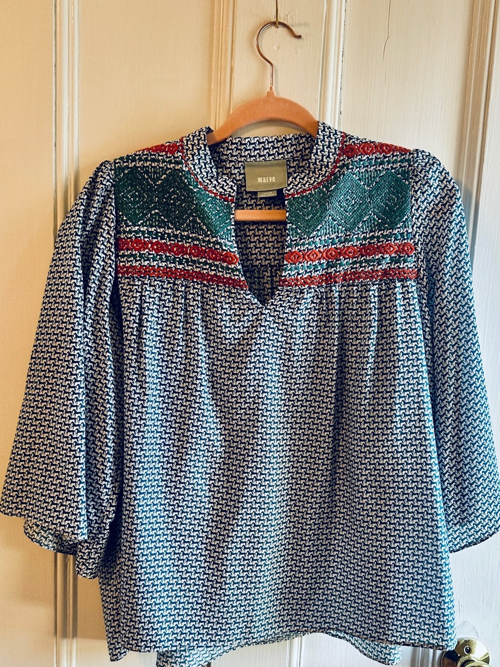 Maeve Blue Patterned Blouse with Green and Red Embroidery Size Large